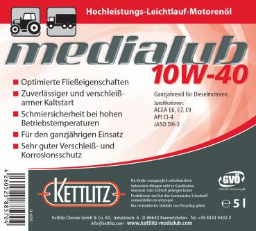 KETTLITZ-Medialub 10W-40 Hochleistungs-Leichtlauf Motorenöl API CI-4; ACEA, E6, E7, E9 - 5 Liter Gebinde